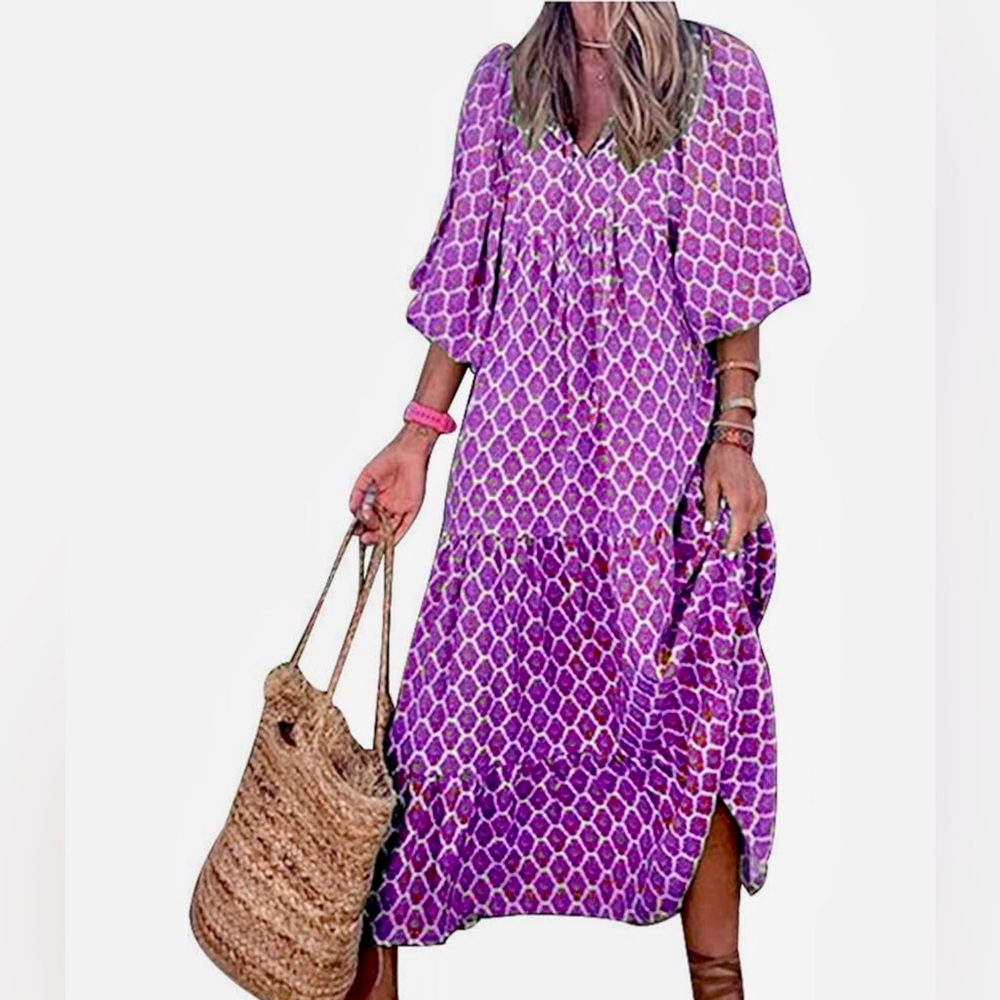 BOHO Purple & White Tiered Ruffle Maxi Dress w Puff Sleeves